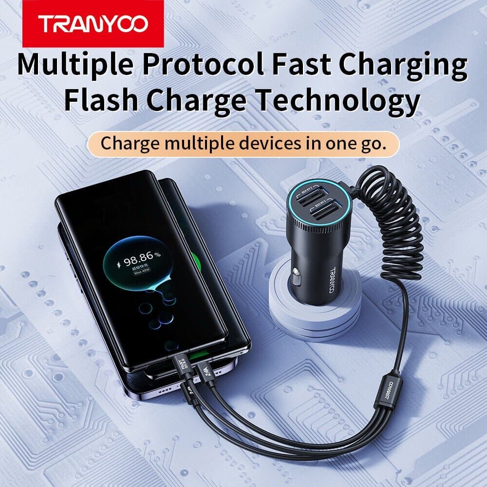 TRANYOO 5-in-1 High-Power Car Charger with Integrated Triple Cable & Dual USB Ports 3