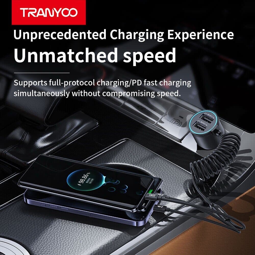 TRANYOO 5-in-1 High-Power Car Charger with Integrated Triple Cable & Dual USB Ports 5