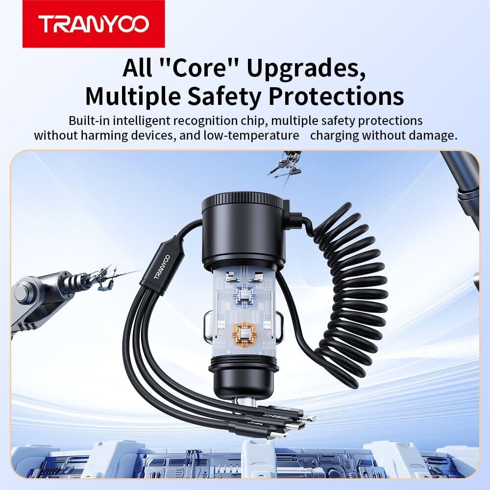 TRANYOO 5-in-1 High-Power Car Charger with Integrated Triple Cable & Dual USB Ports 6