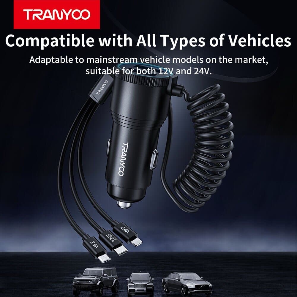 TRANYOO 5-in-1 High-Power Car Charger with Integrated Triple Cable & Dual USB Ports 8