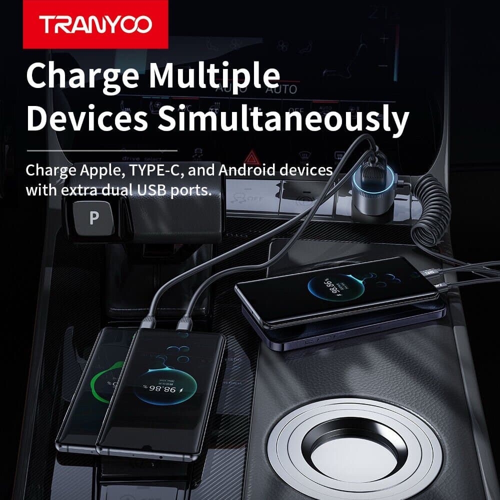 TRANYOO 5-in-1 High-Power Car Charger with Integrated Triple Cable & Dual USB Ports 9