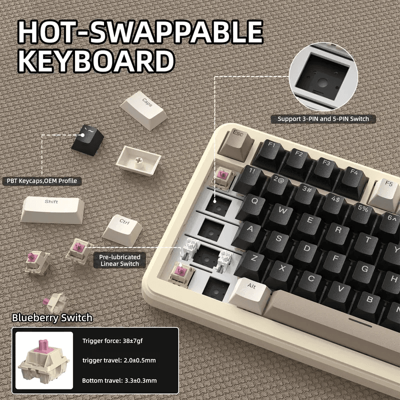 Attack Shark X85 Pro Tri-Mode Gasket-Mounted Mechanical Keyboard Cheese Blueberry Switch (White) 8