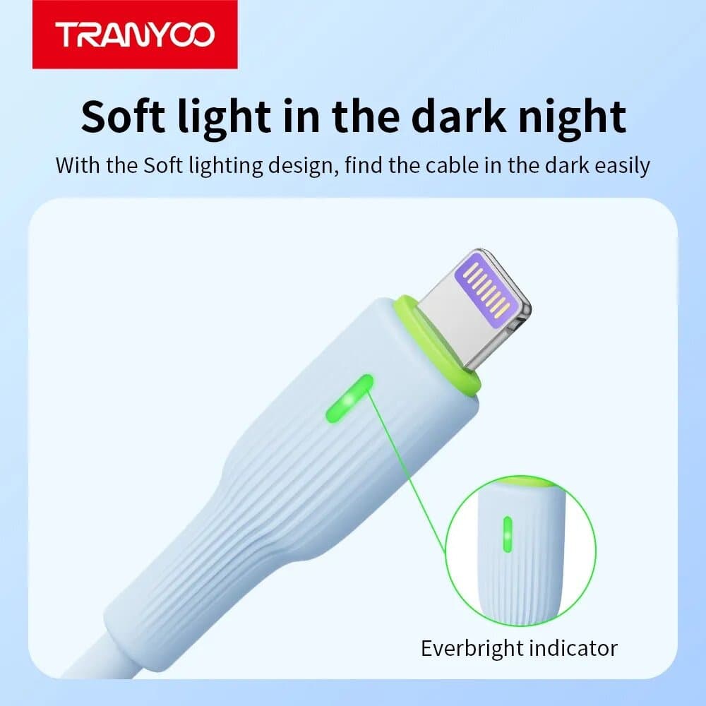 TRANYOO Fast Charging USB to Lightning Cable with LED Indicator – Durable White & Green 2