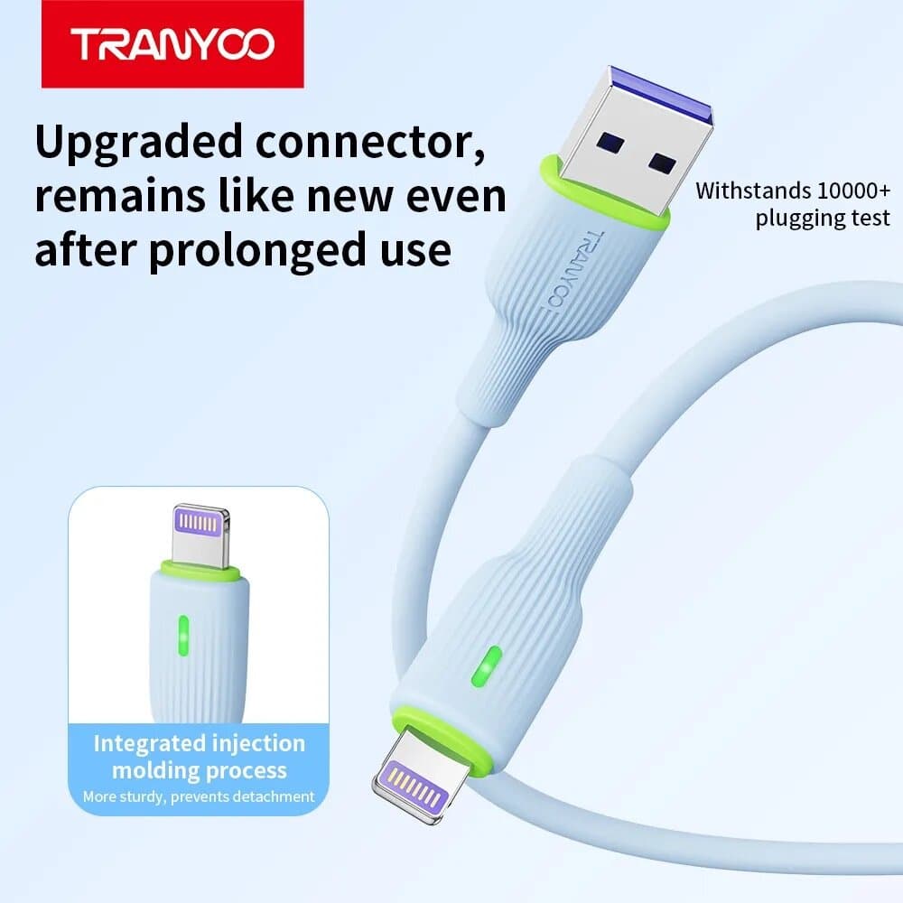 TRANYOO Fast Charging USB to Lightning Cable with LED Indicator – Durable White & Green 4