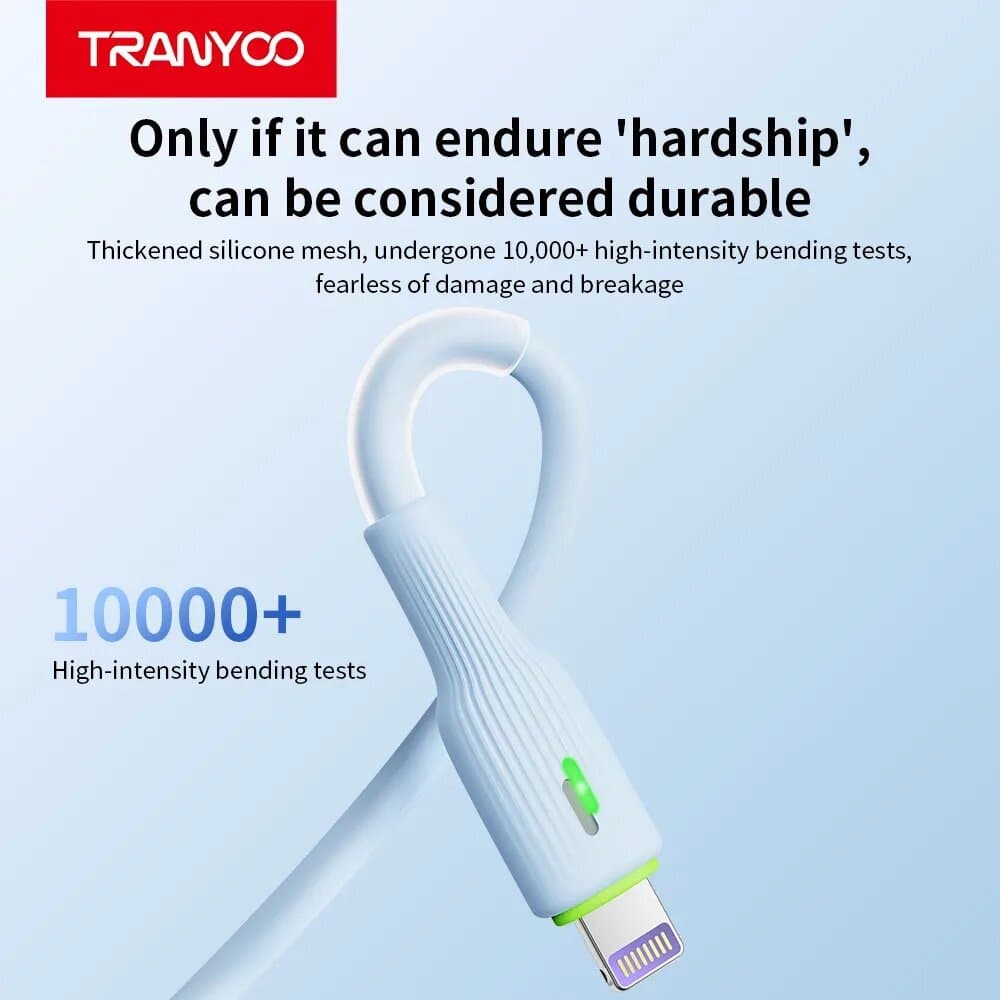 TRANYOO Fast Charging USB to Lightning Cable with LED Indicator – Durable White & Green 5
