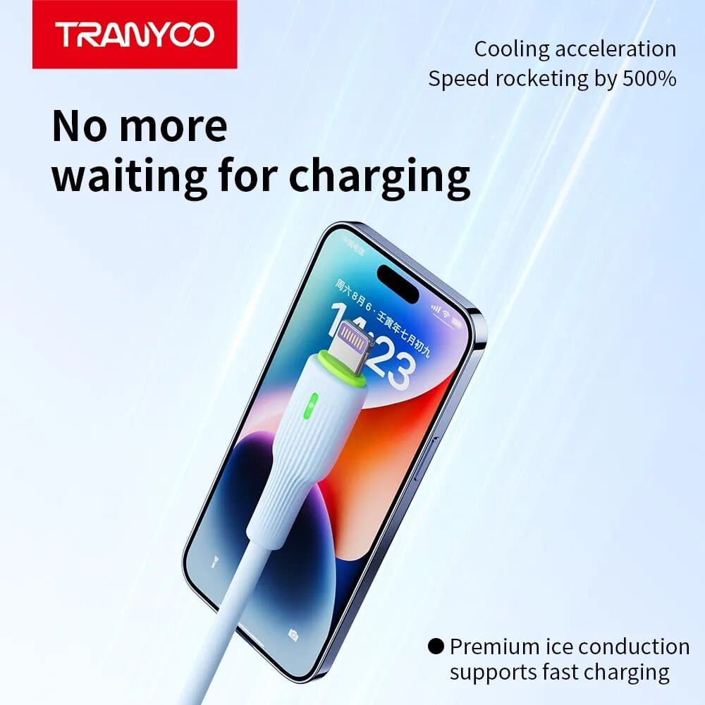 TRANYOO Fast Charging USB to Lightning Cable with LED Indicator – Durable White & Green 6