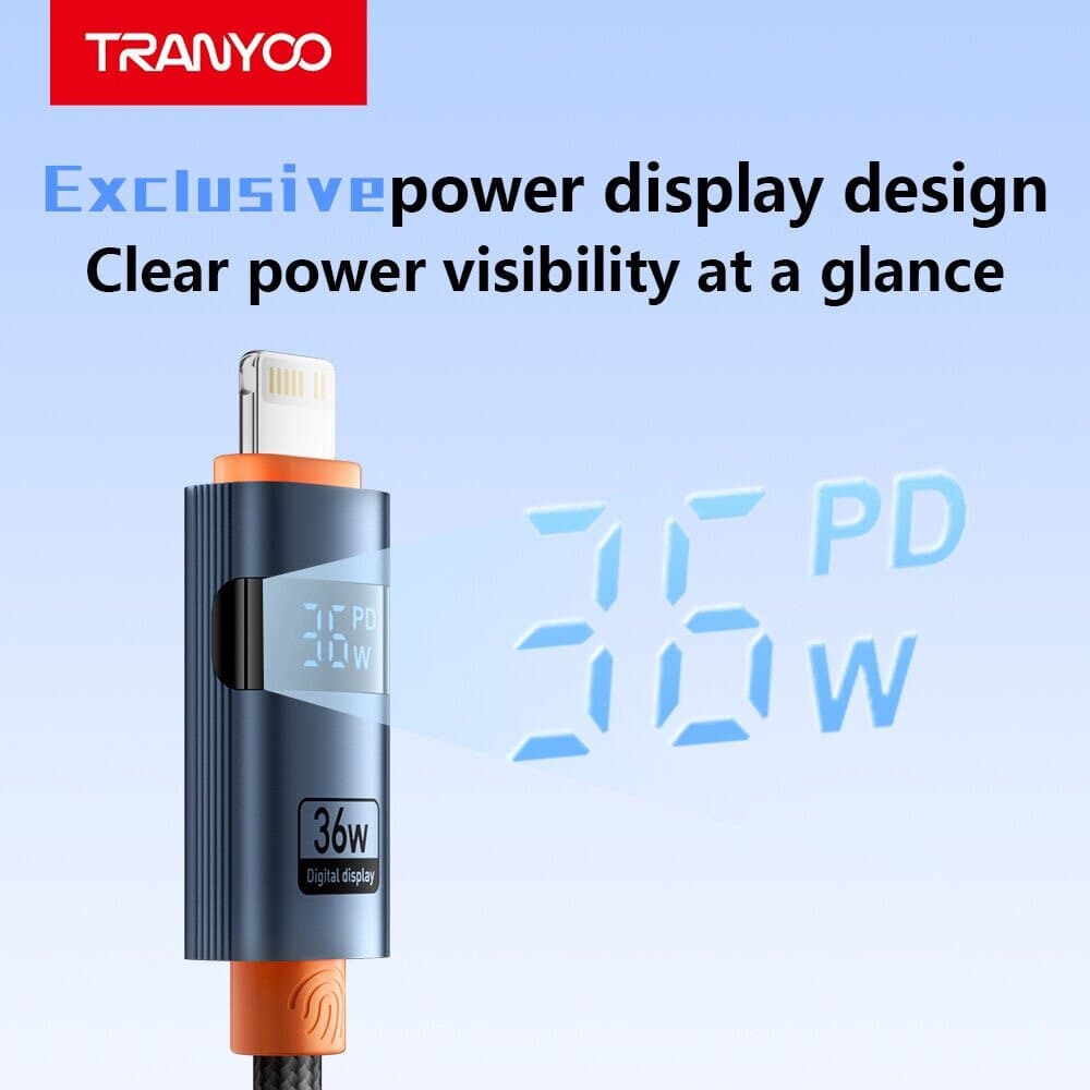 TRANYOO CL-6 36W Digital Watt Display Type-C to Lightning Braided Cable 4
