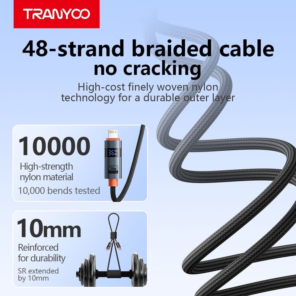 TRANYOO CL-6 36W Digital Watt Display Type-C to Lightning Braided Cable 5