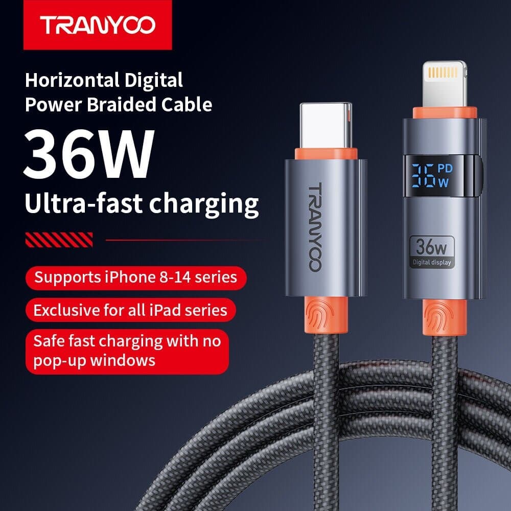 TRANYOO CL-6 36W Digital Watt Display Type-C to Lightning Braided Cable 7