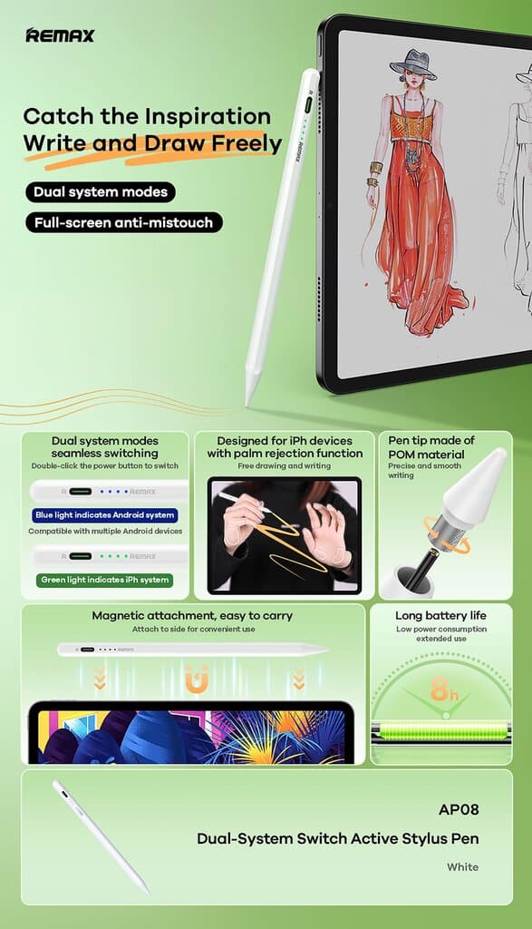 AP08 Dual-System Switch Active Stylus Pen – Precise Touch Screen Pen with Palm Rejection & Long Batt 2