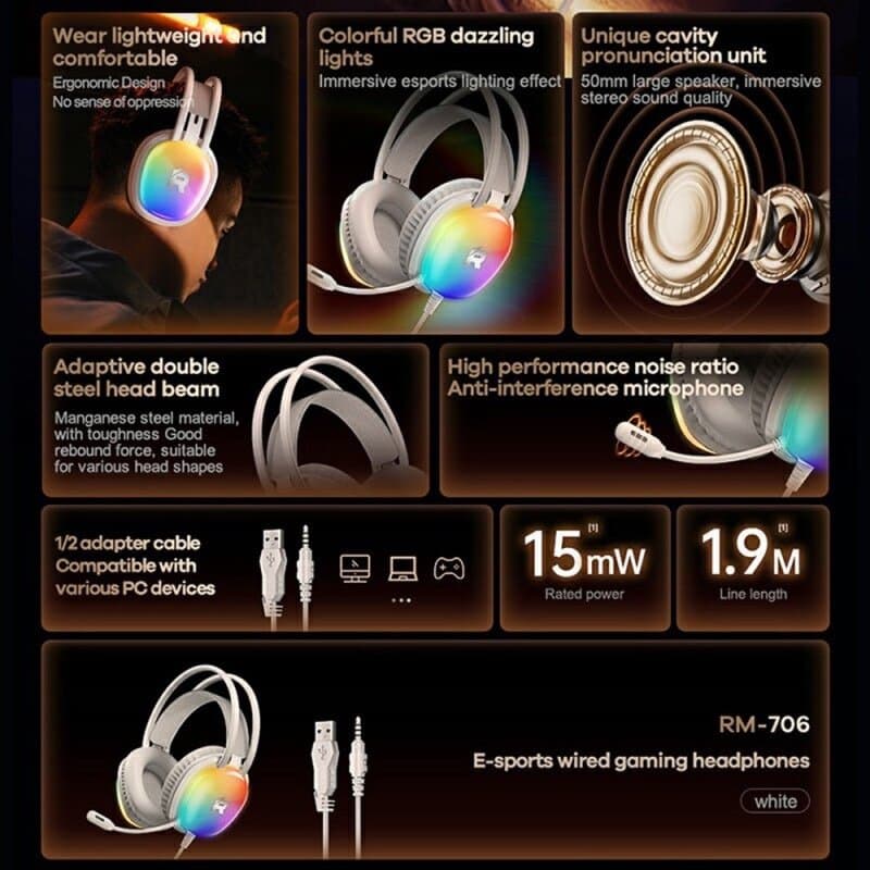 Remax RM-706 Wired RGB Gaming Headset with High-Sensitivity Microphone 2