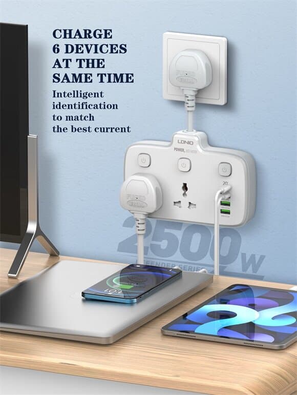 LDNIO SC2413 2500W Power Strip | 20W PD Fast Charging & 2 Universal Outlets 4