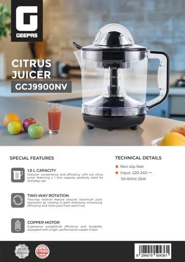 Geepas Citrus Juicer 1.0L with Plastic Cup 25W – GCJ9900 7