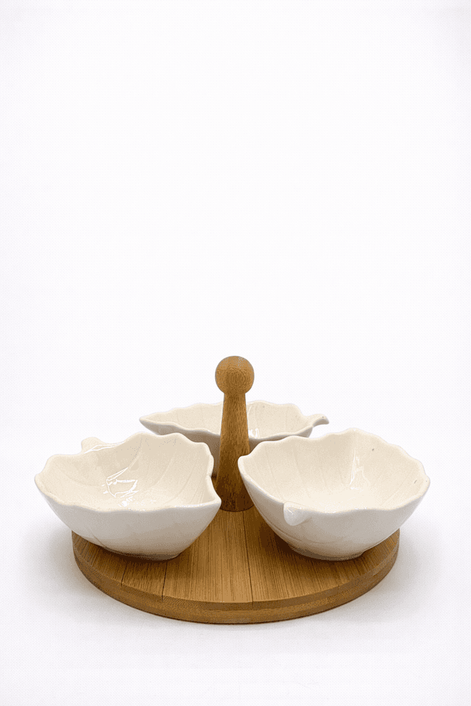 3-Bowl Snack Serving Set with Wooden Base - White