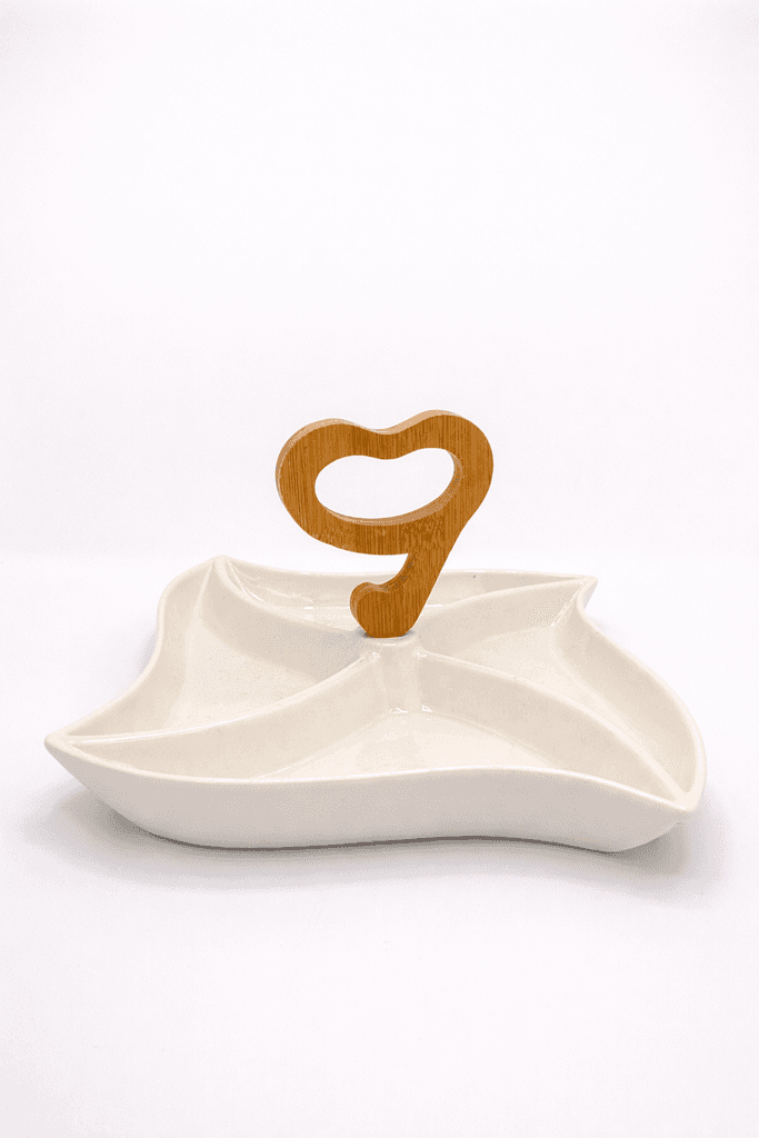 Divided Serving Tray with Wooden Handle - White