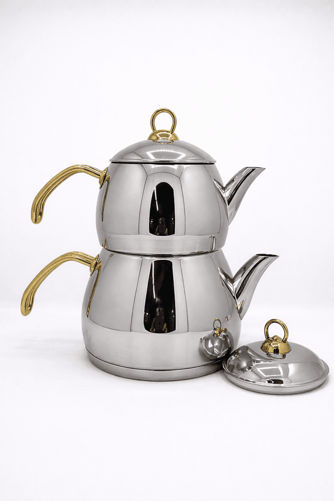 Stainless Steel Turkish Tea Kettle & Teapot Set - Silver