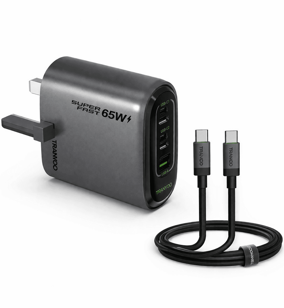 TRANYOO T-UK65 C 65W GaN Super Fast Charger – Triple Port (2x USB-C + USB-A) with 1m Cable