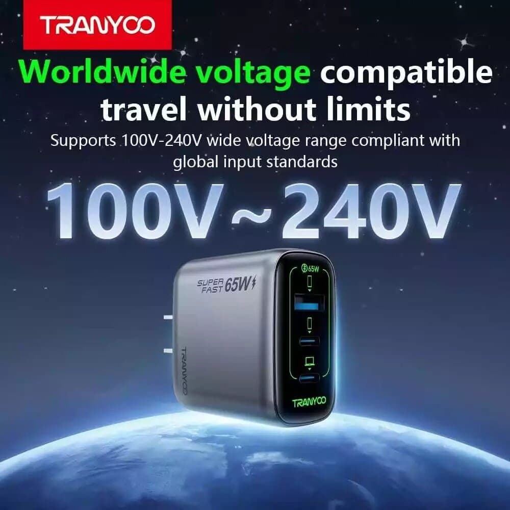TRANYOO T-UK65 C 65W GaN Super Fast Charger – Triple Port (2x USB-C + USB-A) with 1m Cable 6