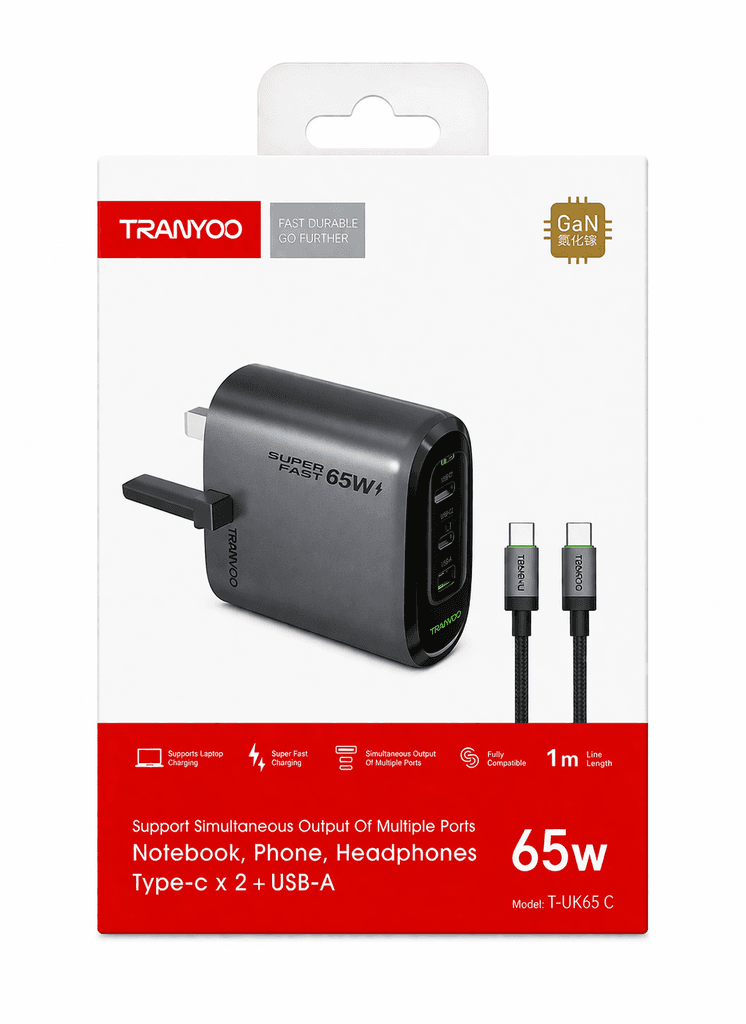 TRANYOO T-UK65 C 65W GaN Super Fast Charger – Triple Port (2x USB-C + USB-A) with 1m Cable 9