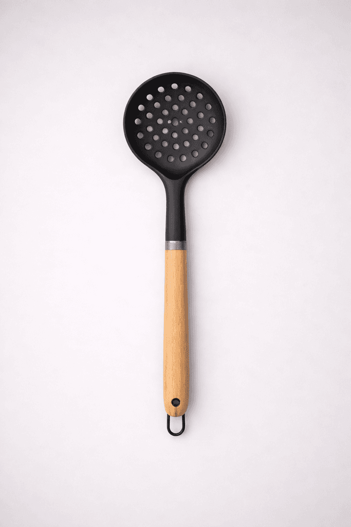 Nylon Slotted Spoon with Wooden Handle - Black