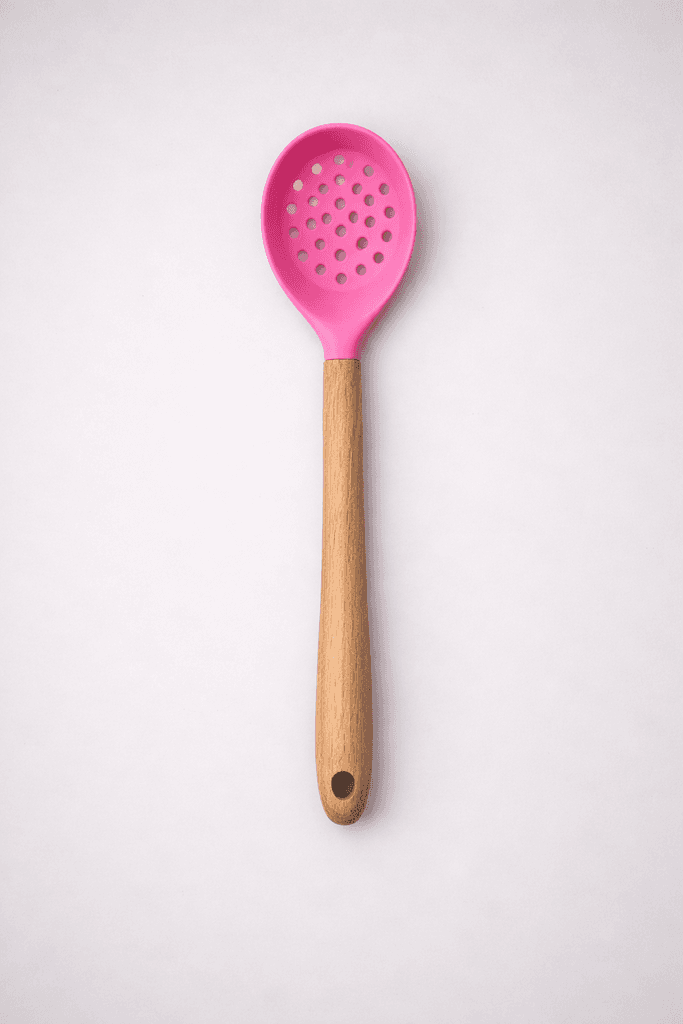 Silicone Slotted Spoon with Wooden Handle - Pink