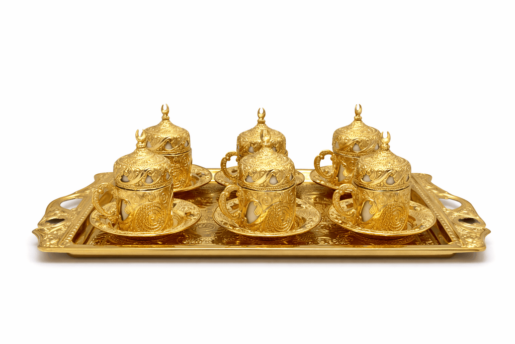 Metal And Glass Arabic Coffee Set With Dallah & Tray - Gold 1
