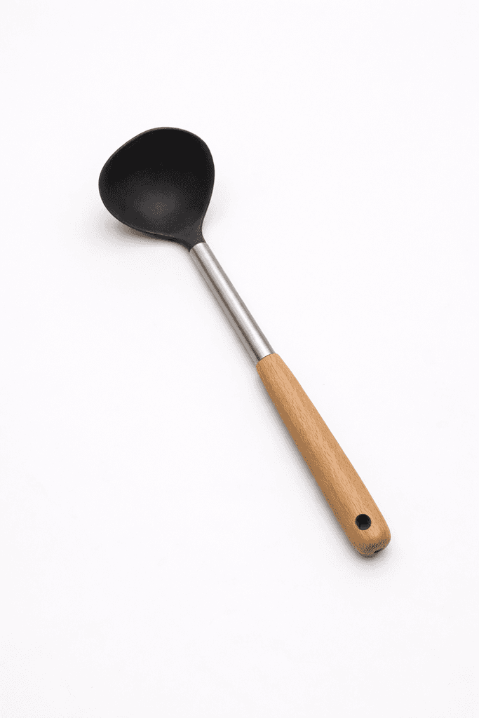 Nylon Soup Ladle with Wooden Handle - Black