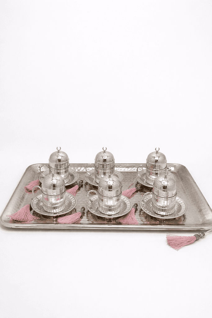 Metal And Glass Arabic Coffee Set With Dallah & Tray - Silver 1