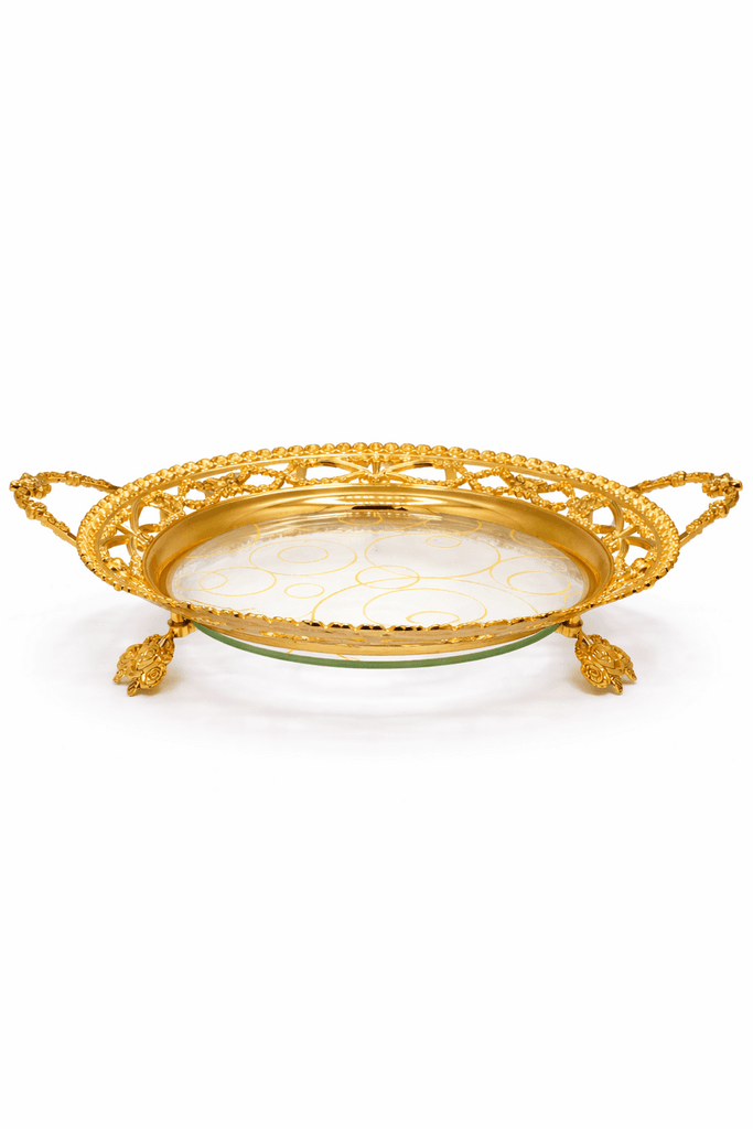 Metal And Glass Serving Tray With Handles - Gold (L)