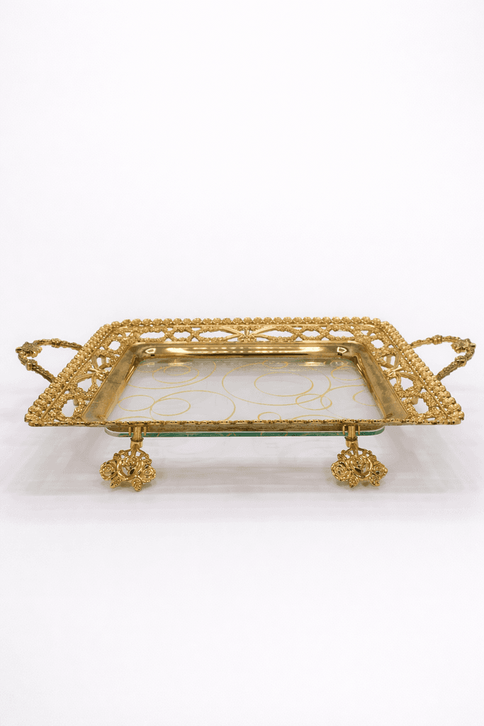 Metal And Glass Serving Tray With Handles - Gold (L)