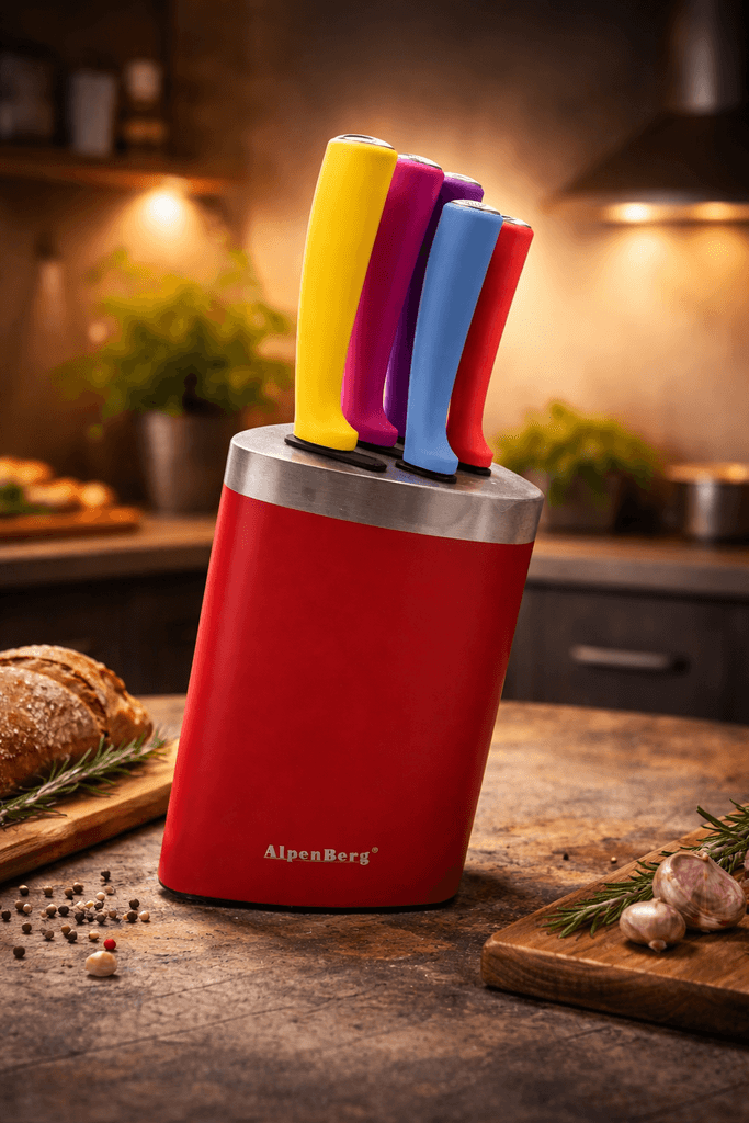 Alpenberg Stainless Steel Knife Set with Red Wood Stand