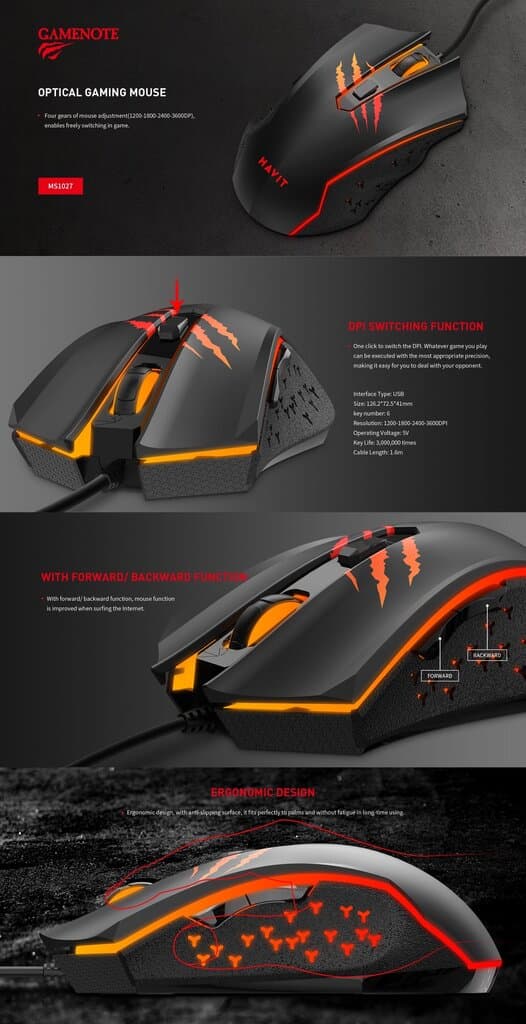 HAVIT Gamenote MS1027 Optical Gaming Mouse – Ergonomic Design with 4 DPI Gear Settings 6