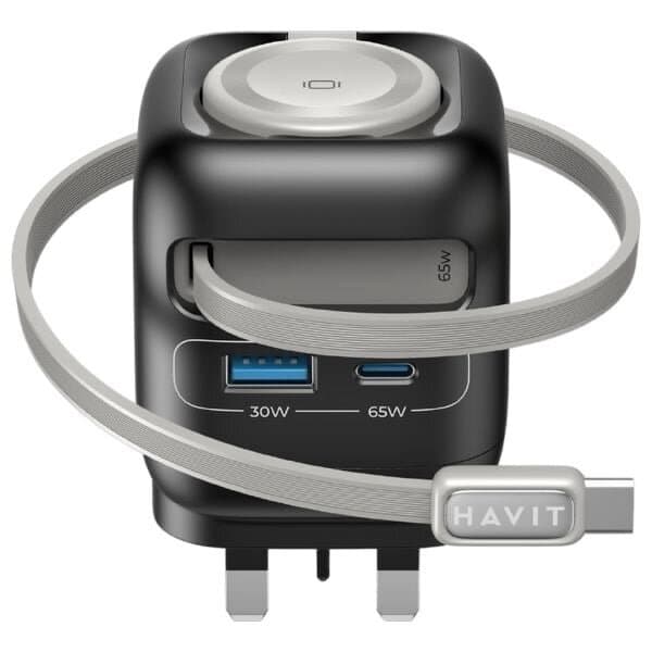 HAVIT UC252 65W GaN Travel Charger – 3-in-1 Design with Apple Watch Charger & Stretch 2