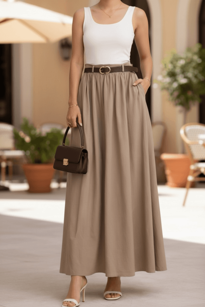 Kasideo Women's High-Waisted Cotton Maxi Skirt - Light Brown (S)