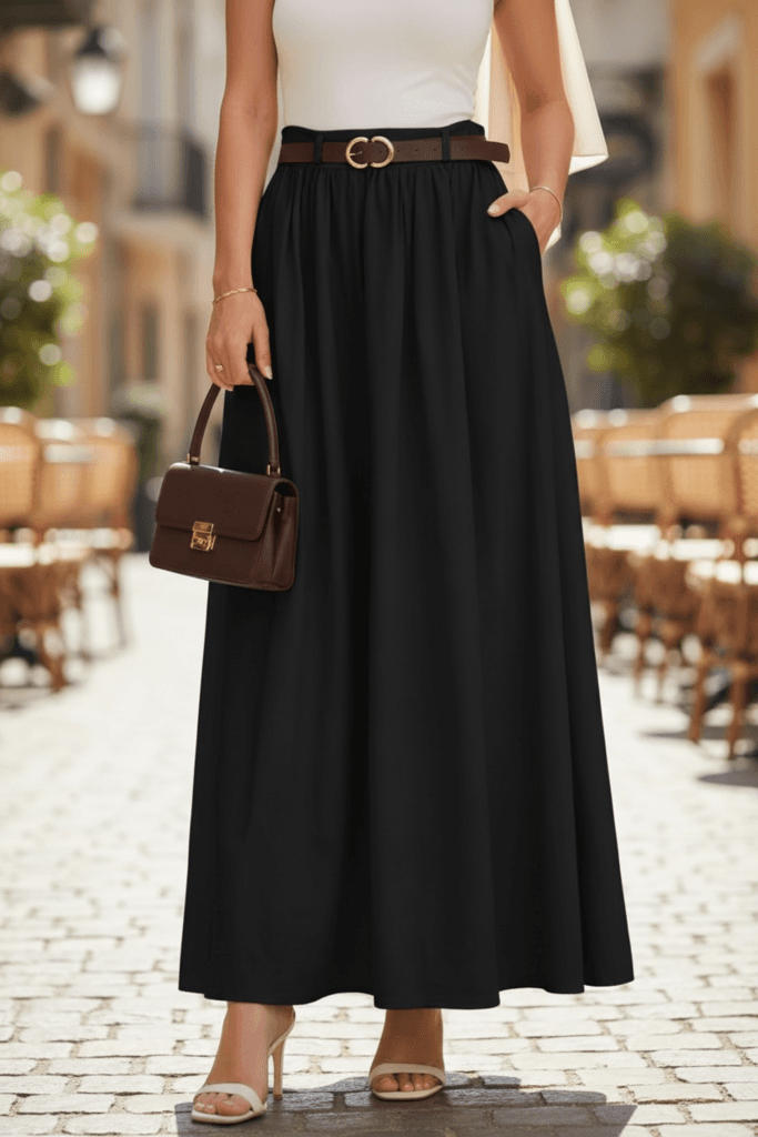 Kasideo Women's High-Waisted Cotton Maxi Skirt - Black (S)