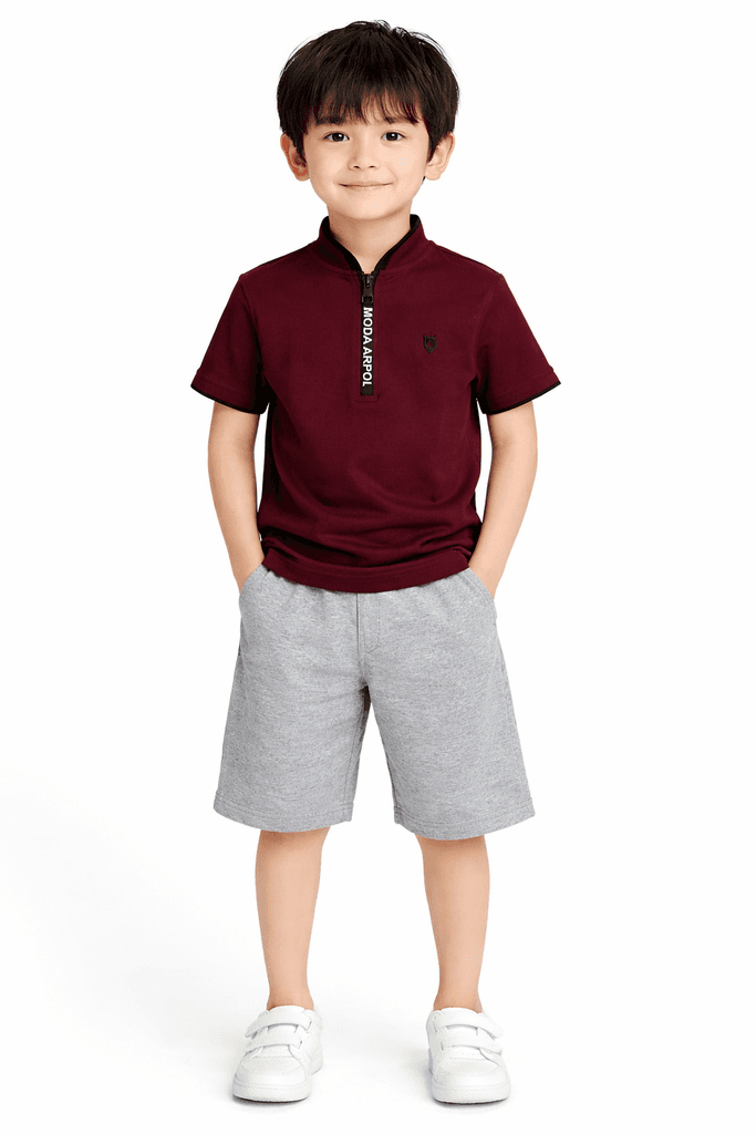 Moda Arpol Boys Cotton Half Zip T-Shirt - Dark Red (5 Years)
