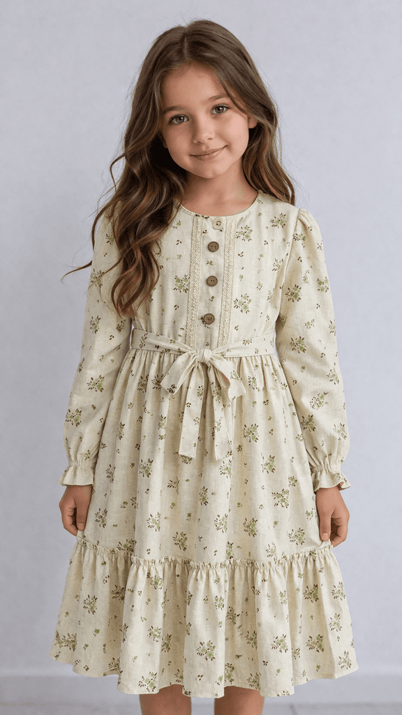 Enfetto Girl Floral Long Sleeve Cotton Dress - Cream (7 Years)