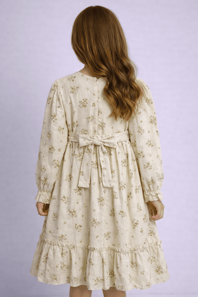 Enfetto Girl Floral Long Sleeve Cotton Dress - Cream (7 Years) 2