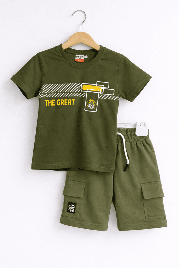 Yavrucak Life Boys Cotton Printed T-Shirt & Cargo Shorts Set - Dark Green (3 Years)