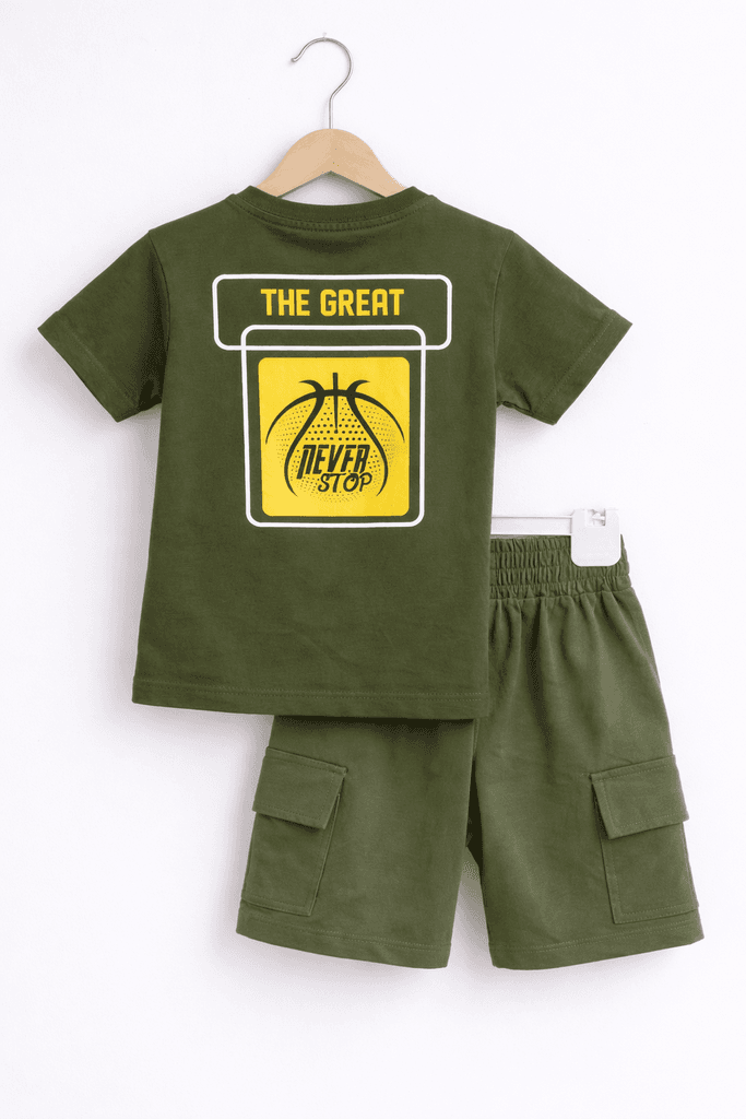 Yavrucak Life Boys Cotton Printed T-Shirt & Cargo Shorts Set - Dark Green (3 Years) 2
