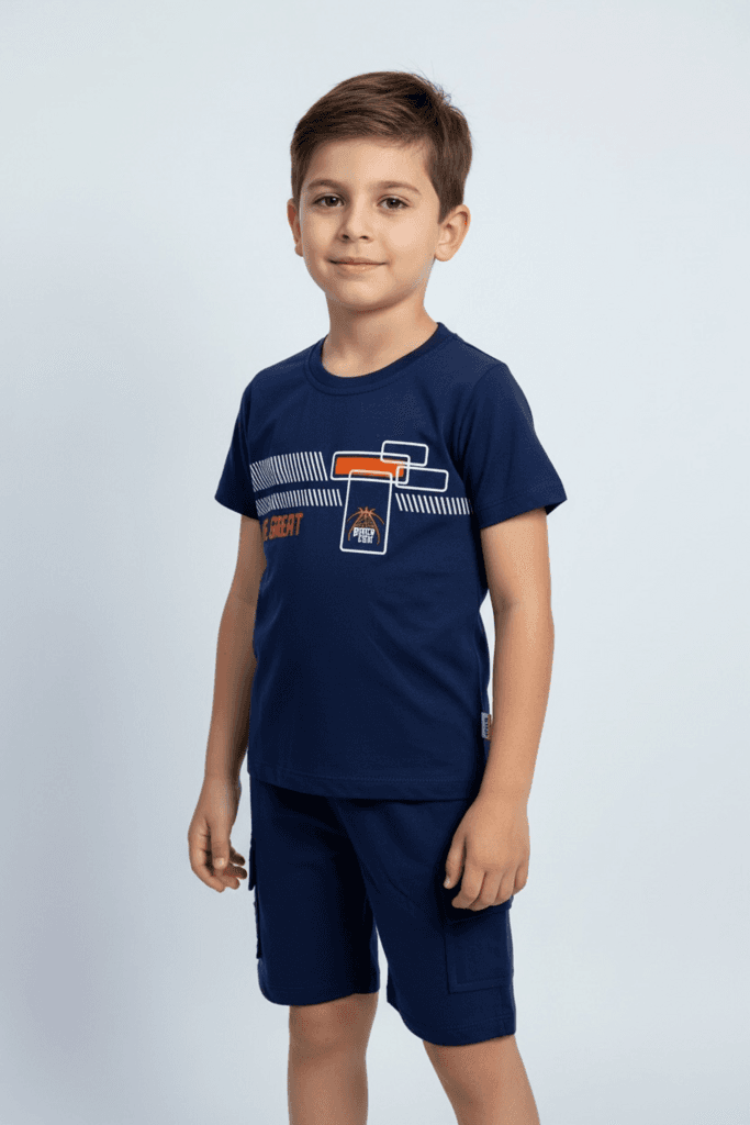 Yavrucak Life Boys Cotton Printed T-Shirt & Cargo Shorts Set - Navy Blue (3 Years)