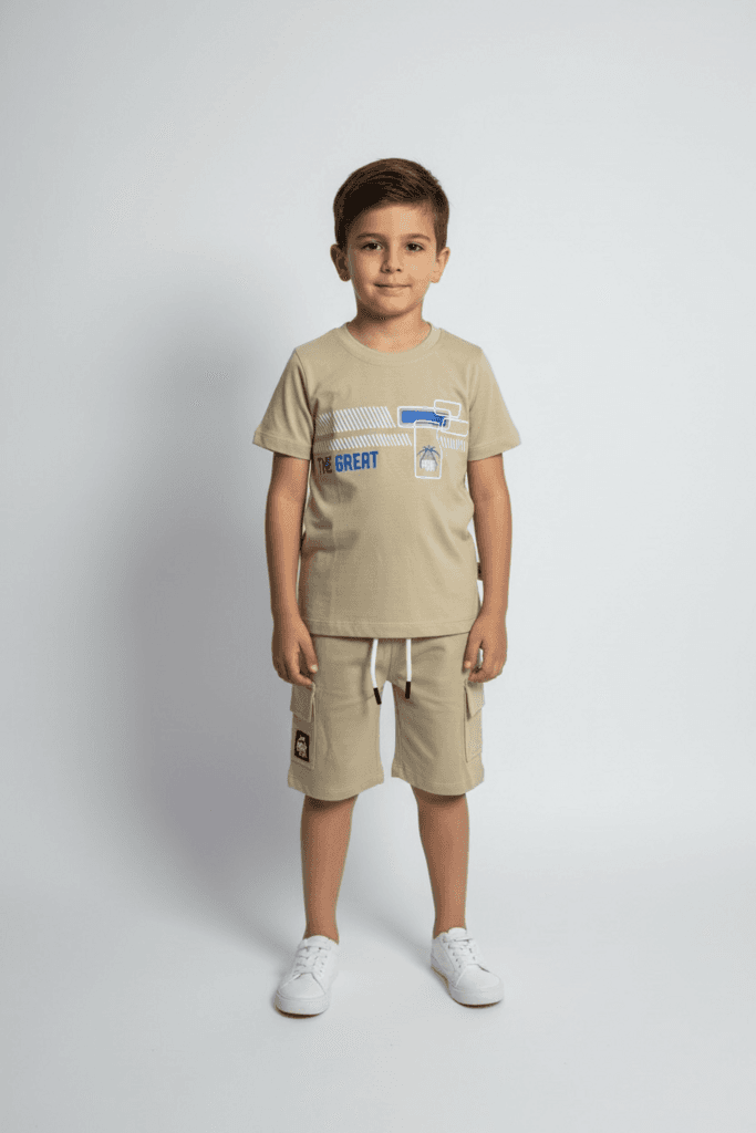 Yavrucak Life Boys Cotton Printed T-Shirt & Cargo Shorts Set - Light Brown (3 Years)