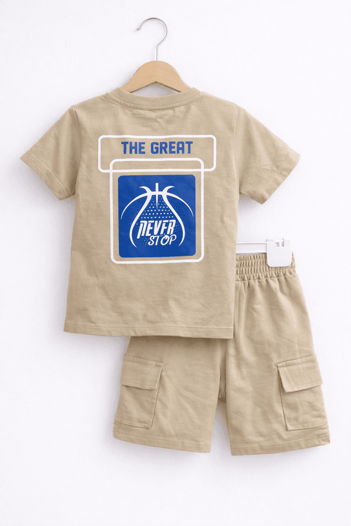 Yavrucak Life Boys Cotton Printed T-Shirt & Cargo Shorts Set - Light Brown (3 Years) 2