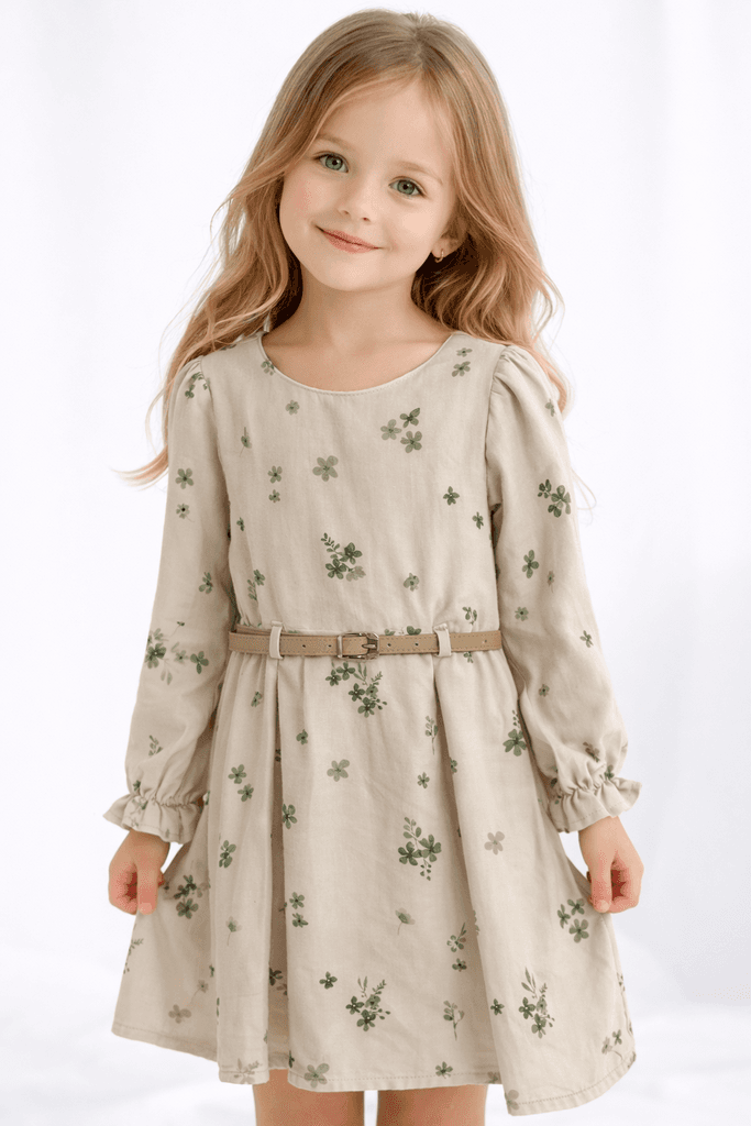 Carino Baby Girl Floral Long Sleeve Cotton Dress with Belt - Green (7 years)