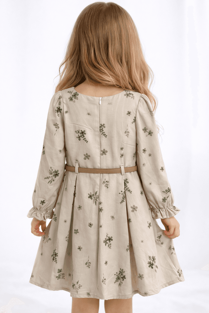 Carino Baby Girl Floral Long Sleeve Cotton Dress with Belt - Green (7 years) 2