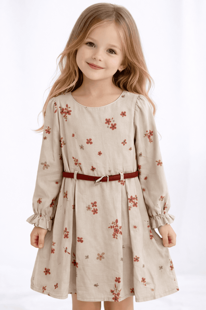 Carino Baby Girl Floral Long Sleeve Cotton Dress with Belt - Red (7 years)