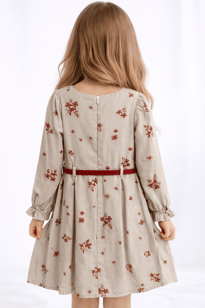 Carino Baby Girl Floral Long Sleeve Cotton Dress with Belt - Red (7 years) 2
