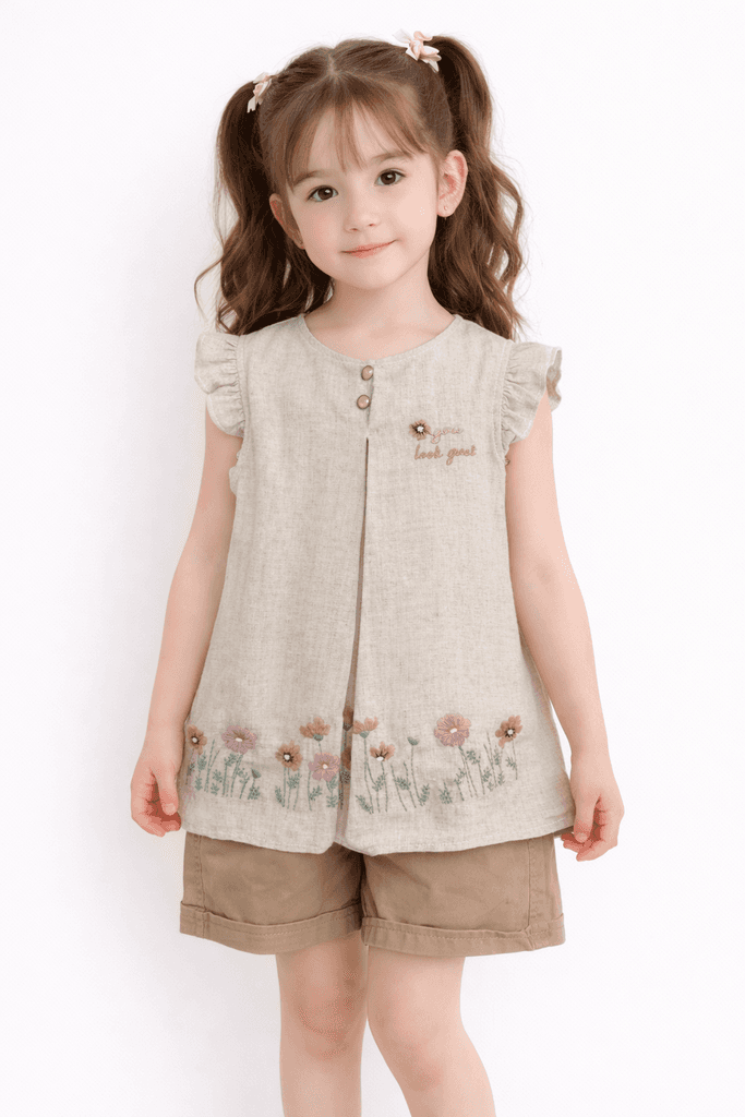 Pampal Baby Girl Cotton Top & Shorts Set - Light Brown (7 years)