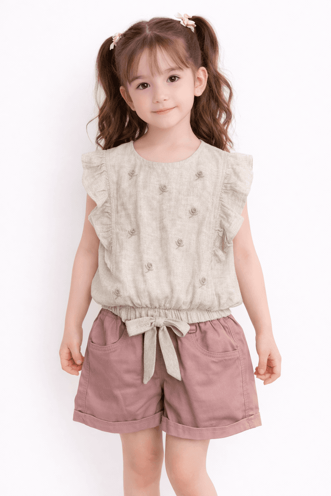 Pampal Baby Girl Cotton Top & Shorts Set - Light Pink (7 Years)