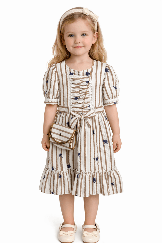 Lotus Girls Cotton Dress with Mini Bag - Brown (5 years)